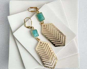 Chevron Drop Earrings | Amazonite Earrings | Brass Gold Earrings | Statement Jewelry | Geometric Dangle Earrings | Art Deco Earrings