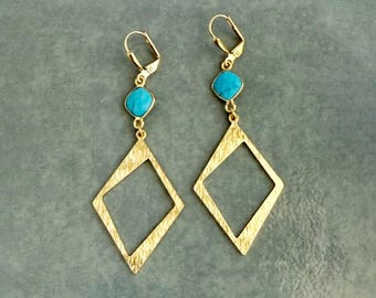Turquoise Diamond Dangle Earrings in Brushed Gold