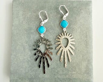 Turquoise Sunburst Statement Earrings in Brushed Silver