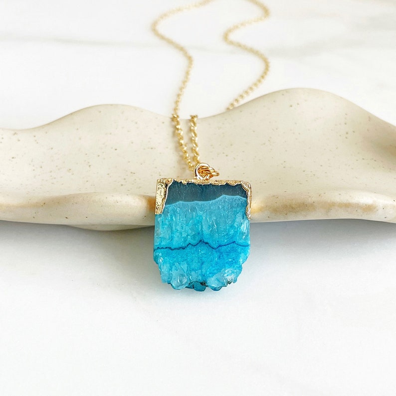 Teal Druzy Necklace. Geode Necklace. Druzy Jewelry. Stone Necklace. Teal Aqua Gold Necklace. Chunky Necklace. Gift. image 3