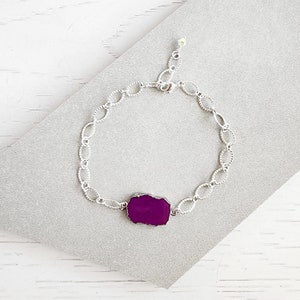 Chunky Chain Bracelet Silver Bracelet Purple Stone Simple Gemstone Bracelet Silver Chain Statement Bracelet Modern Jewelry image 1
