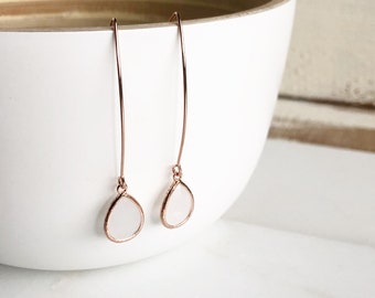 Rose Gold and Smoky White Drop Earrings. Bridesmaid Gift. Rose Gold Wedding Jewelry. Gift.