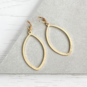 Large Marquise Statement Earrings in Brushed Brass Gold. Statement Dangle Earrings. Gold Geometric Earrings