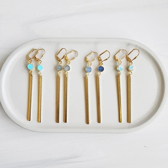 Long Delicate Stick Statement Earrings With Small Stone in Brushed