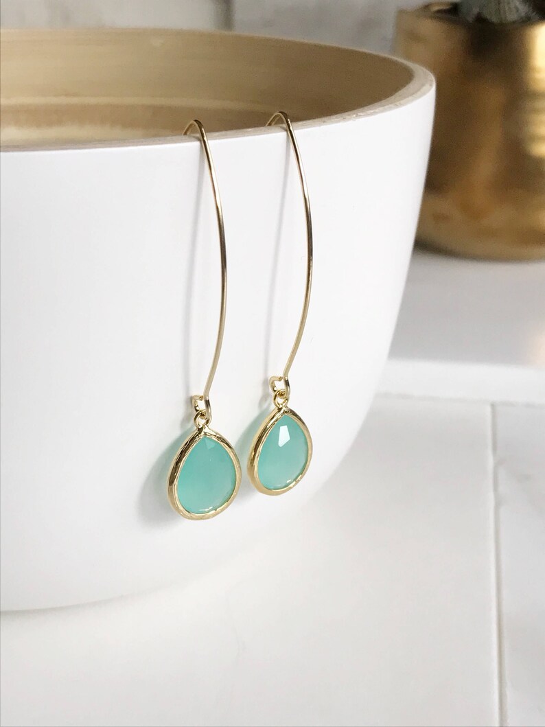 Aqua Gold Drop Earrings. Mint Aqua Teardrop Drop Earrings. Etsy