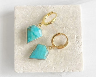 Dainty Turquoise Shield Stone Drop Earrings in Gold. Gemstone Huggies Earrings. Simple Turquoise Earrings