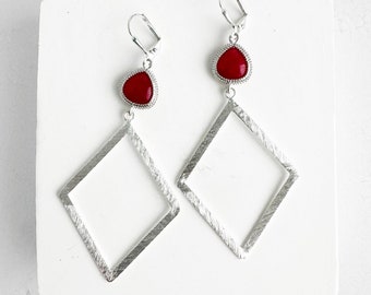 Diamond Pendant Earrings | Fuchsia Stone Earrings | Brushed Silver | Statement Dangle Earrings | Silver Jewelry | Geometric Earrings