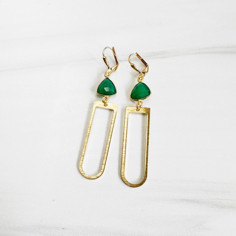 Green Chalcedony Trillion Earrings with Gold Brushed Brass Horseshoe Pendants. Geometric Arch Dangle Earrings image 4