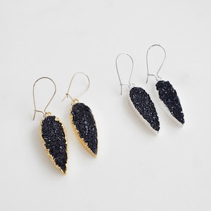 Black Druzy Teardrop Dangle Earrings: Gold & Silver Gemstone