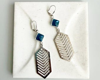 Apatite Chevron Dangle Earrings in Brushed Silver