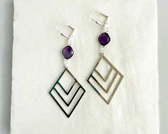 Amethyst Layered Diamond Statement Earrings in Silver