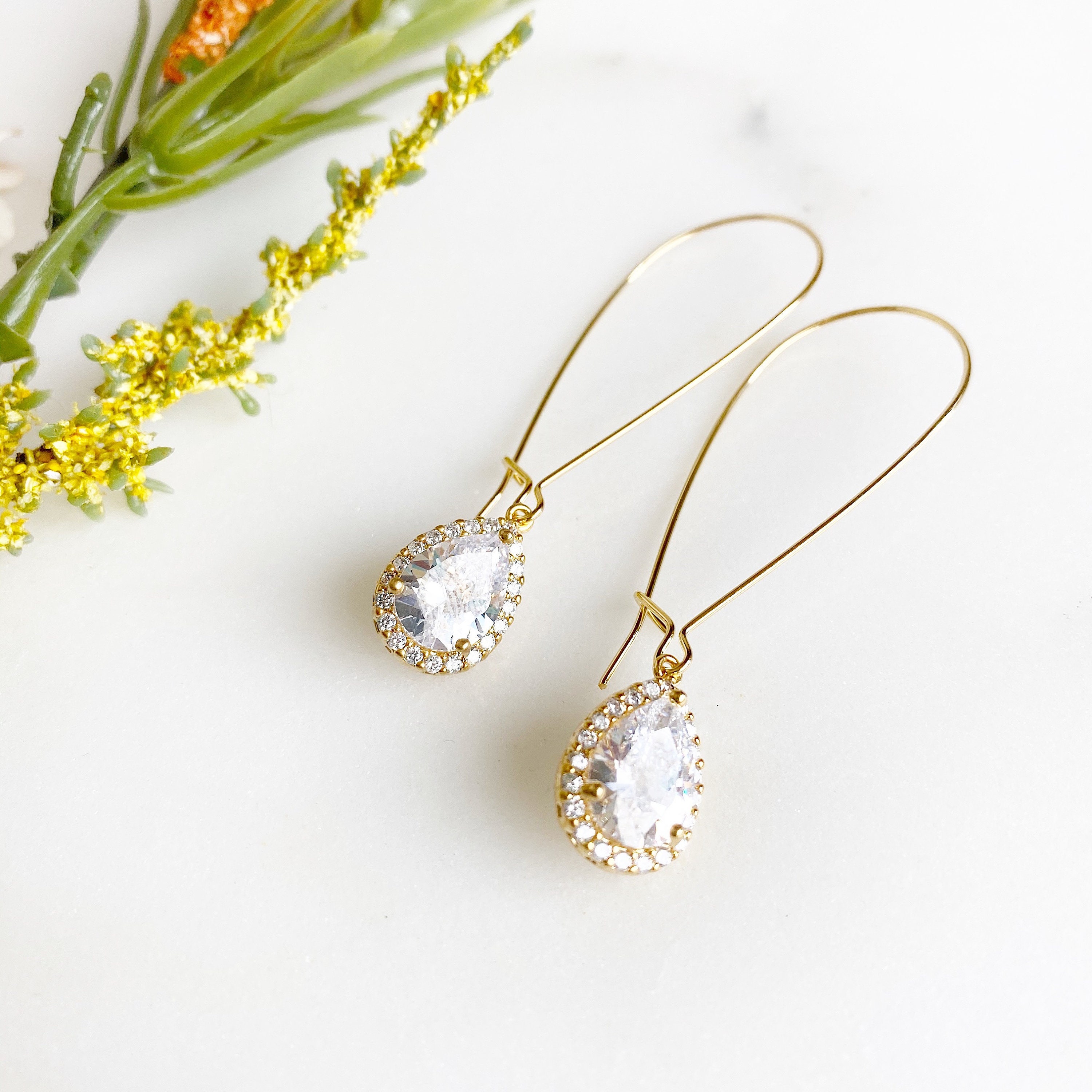 Simple Gold Bridal Drop Earrings. Cubic Zirconia Drops. | Etsy