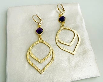 Amethyst Layered Marquise Earrings in Brushed Gold