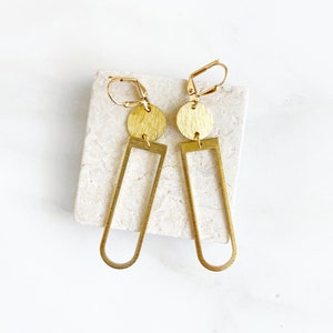 Simple Geometric Dangle Earrings in Gold. Horseshoe and Circle Earrings. Arch Brass Dangle Earrings image 1