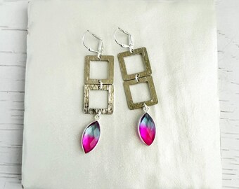 Pink Blue Aura Quartz Square Dangle Earrings in Brushed Silver