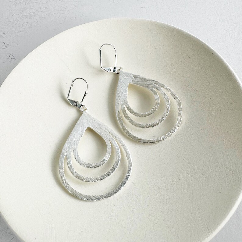 Multiple Teardrop Earrings Brushed Silver Statement Earrings Simple Silver Earrings Big Silver Earrings image 2