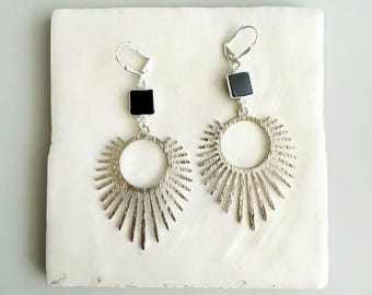 Black Onyx Sunburst Statement Earrings in Brushed Silver