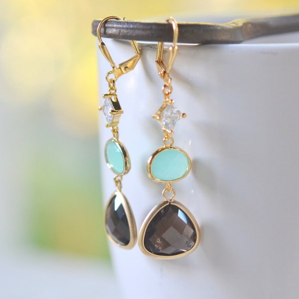 Jewel Dangle Earrings with SMokey QuartzTeardrop and Aqua and Crystal Clear Jewels. Long Dangle Earrings.