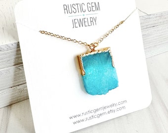 Teal Druzy Necklace. Geode Necklace. Druzy Jewelry. Stone Necklace. Teal Aqua Gold Necklace. Chunky Necklace. Gift.