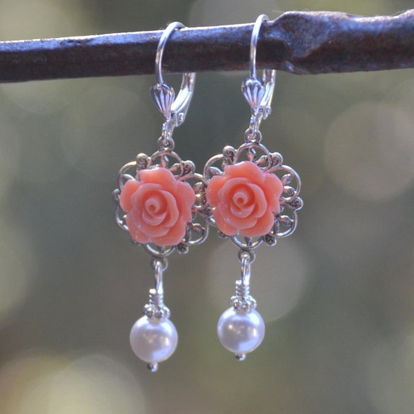 Coral Rose and White Swarovski Pearl Dangle Earrings Jewelry Gift for Her.  Free Shipping.