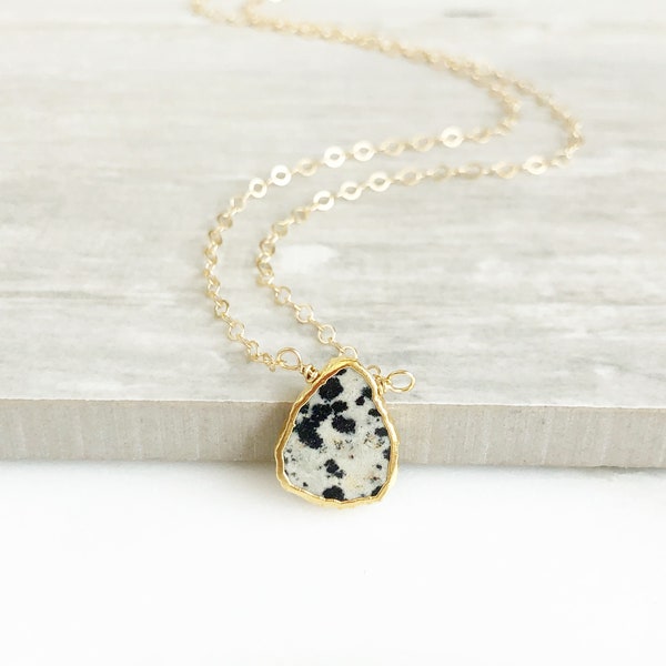 Gemstone Slice Necklace in Gold. Dalmation Jasper Gemstone Necklace. Layering Necklace