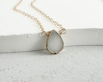 Grayish White Gemstone Slice Pendant Necklace. White Stone Necklace. Holiday Gift. Layering Jewelry.