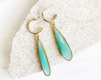 Aqua Chalcedony Long Teardrop Post Earrings in Gold. Aqua Stone Statement Earrings. Simple Modern Gold Gemstone Drop Earrings