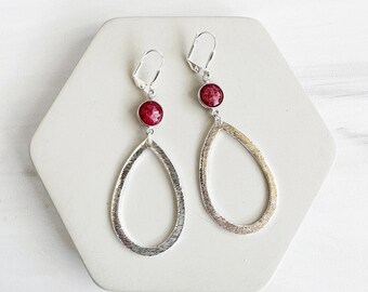 Ruby Teardrop Statement Earrings in Brushed Silver. Teardrop Dangle Earrings. Red Ruby Silver Earrings