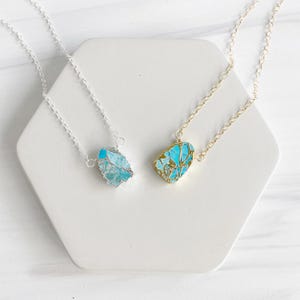 Turquoise Mojave Gemstone Slice Necklace in Gold and Silver. Scalloped Freeform Slice Necklace. Simple Dainty Layering Necklace