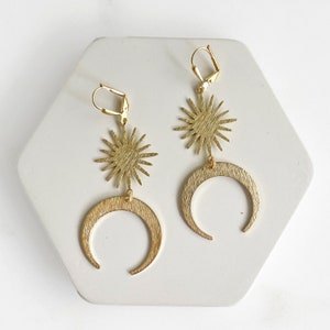 Sun and Moon Statement Earrings in Gold. Brushed Brass Starburst and Crescent Dangle Earrings. Boho Dangle Earrings image 2