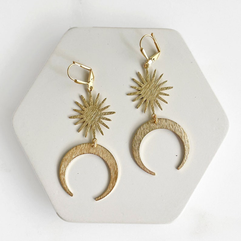 Sun and Moon Statement Earrings in Gold. Brushed Brass Starburst and Crescent Dangle Earrings. Boho Dangle Earrings image 2
