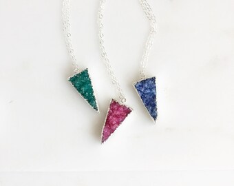 Druzy Triangle Necklace in Sterling Silver. Colorful Druzy Necklace. Jewelry. Gift.