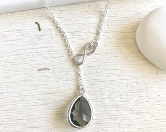 Charcoal Grey Lariat Necklace. Y Necklace.  Infinity Necklace. Lariat. Bridesmaid Necklace. Gift for Her. Wedding Jewelry. Necklace.