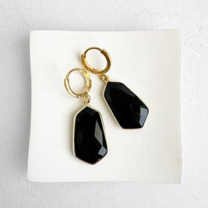 Black Onyx Earrings Gold Drop Earrings Gold Plated Huggies Simple Gemstone Earrings Jewelry Gift for Her image 2