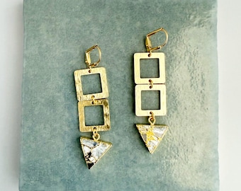White Mojave Triangle and Square Dangle Earrings in Brushed Gold