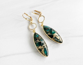 Teal Stone Circle Dangle Earrings in Brushed Brass Gold. Mojave Marquise and Circle Dangle Earrings. Gemstone Drop Earrings