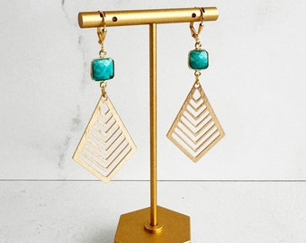 Kite Dangle Earrings | Turquoise Earrings | Brushed Gold Earrings | Statement Jewelry | Geometric Dangle Earrings | Art Deco Earrings