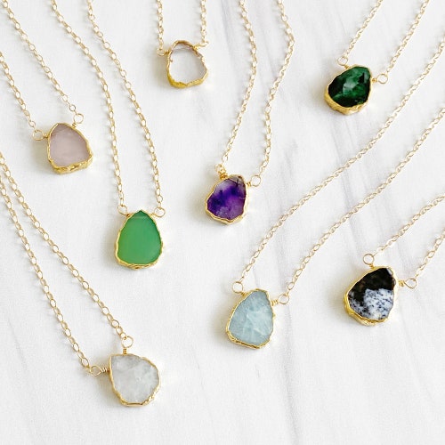 Gemstone Slice Necklaces in Gold. Layering Necklace. Aqua - Etsy