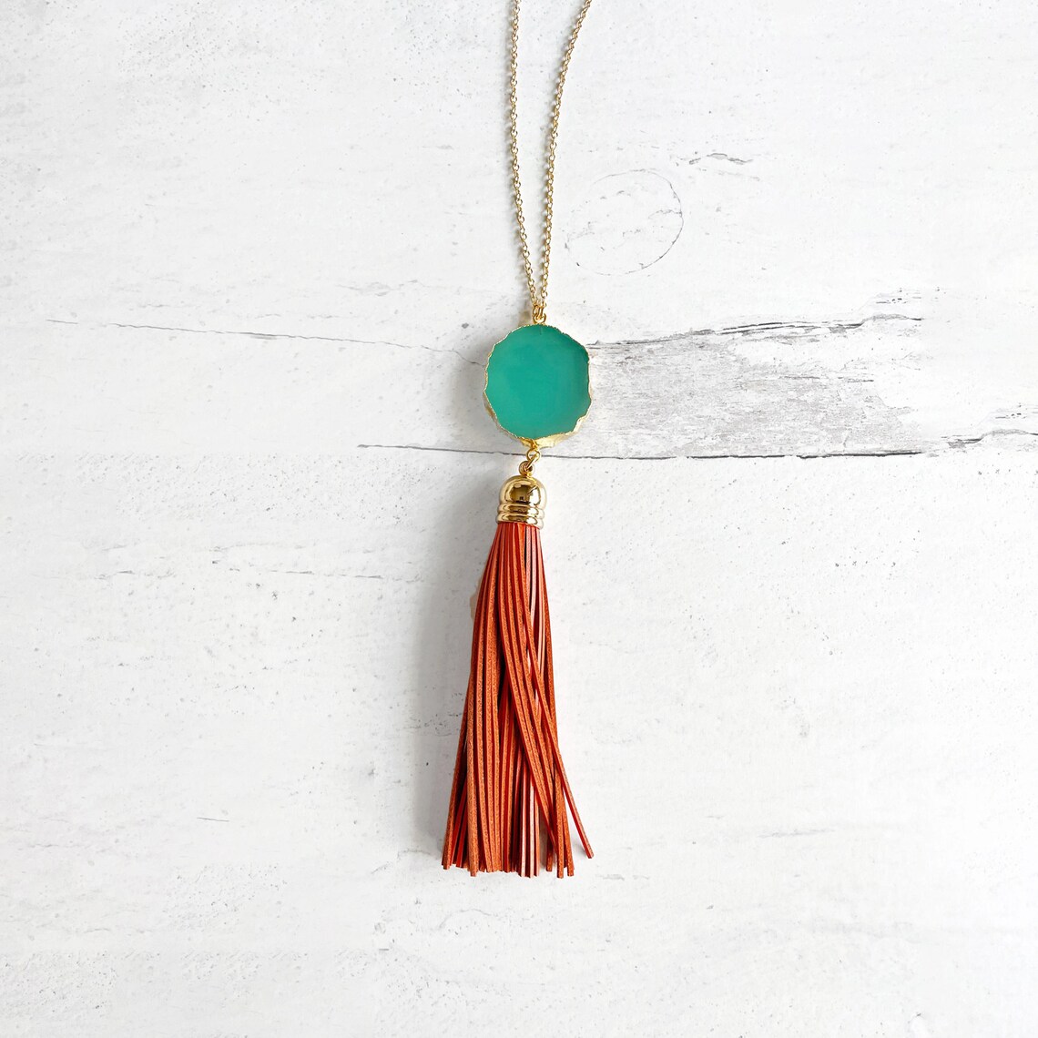 Tassel Necklace. Leather Tassel Necklace. Turquoise Orange Etsy