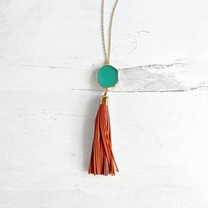 Tassel Necklace. Leather Tassel Necklace. Turquoise Orange Aqua Tassel Necklace. Long Tassel Necklace. Boho Tassel Jewelry. Style #2