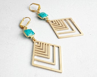 Turquoise Earrings | Rhombus Earrings | Brass Gold Earrings | Geometric Jewelry | Art Deco Earrings | Diamond Chevron Dangle