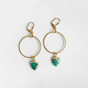 Hoop Dangle Earrings Turquoise Shield Stones Gold Hoop Earrings Statement Gemstone Earrings Jewelry Gift image 4