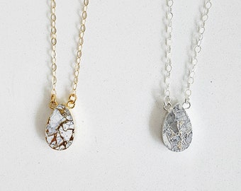 White Mojave Teardrop Necklace in Gold and Silver (Small). Gemstone Necklace. Simple Necklace