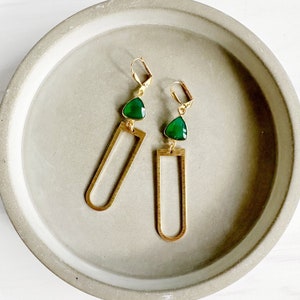 Green Chalcedony Trillion Earrings with Gold Brushed Brass Horseshoe Pendants. Geometric Arch Dangle Earrings image 1