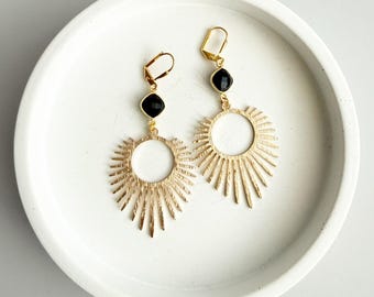 Black Onyx Sunburst Statement Earrings in Brushed Gold