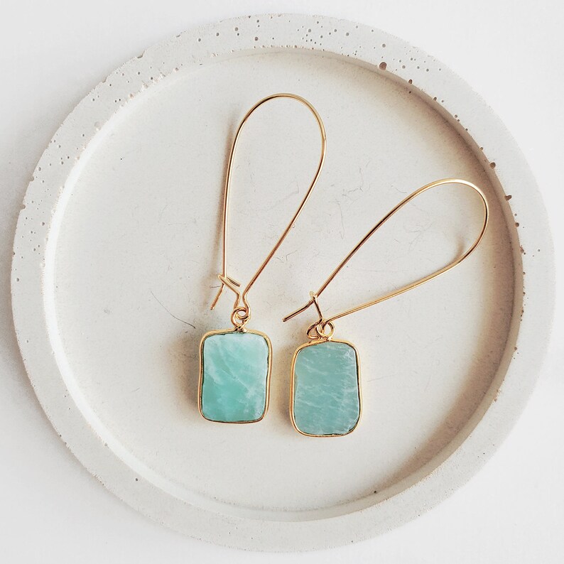 Freeform Amazonite Gemstone Slice Drop Earrings in Gold. Simple Dangle Earrings. Gemstone Drop Earrings image 1