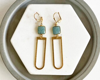 Aquamarine Bezel Horseshoe Dangle Earrings in Brushed Brass. Gold Geometric Dangle Earrings. Long Statement Earrings