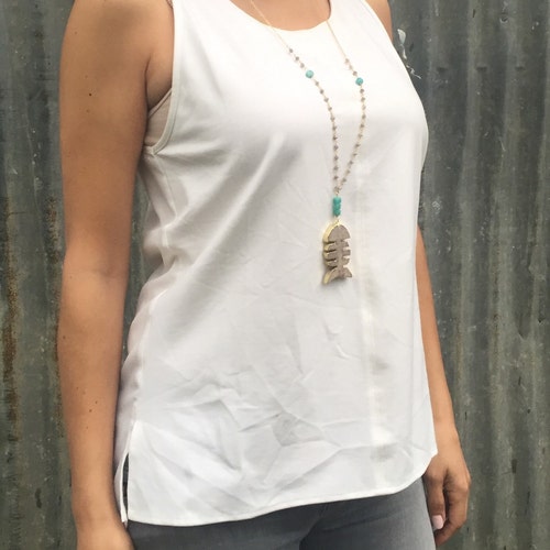 Fish Druzy Long Necklace with Amazonite Stones. Geode Necklace. Druzy Jewelry. Stone Necklace. Long Teal Gold Necklace.  Chunky Necklace.