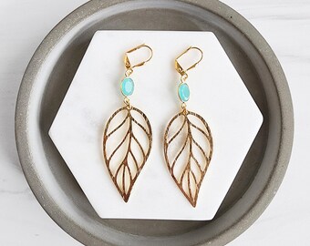 Turquoise Leaf Statement Earrings in Brushed Brass Gold. Leaf Plant Dangle Earrings. Gold Statement Earrings