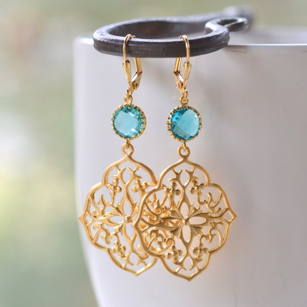 Flower Teardrop Dangle Earrings with Sea Green Jewels. Large Gold Dangle Earrings.  Jewelry.  Gift for Her. Dangle Earrings.